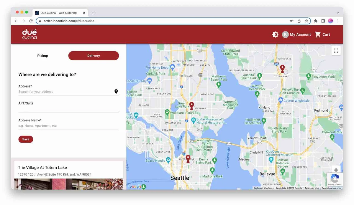 An image of Due' Cucina's online ordering delivery page by Incentivio.