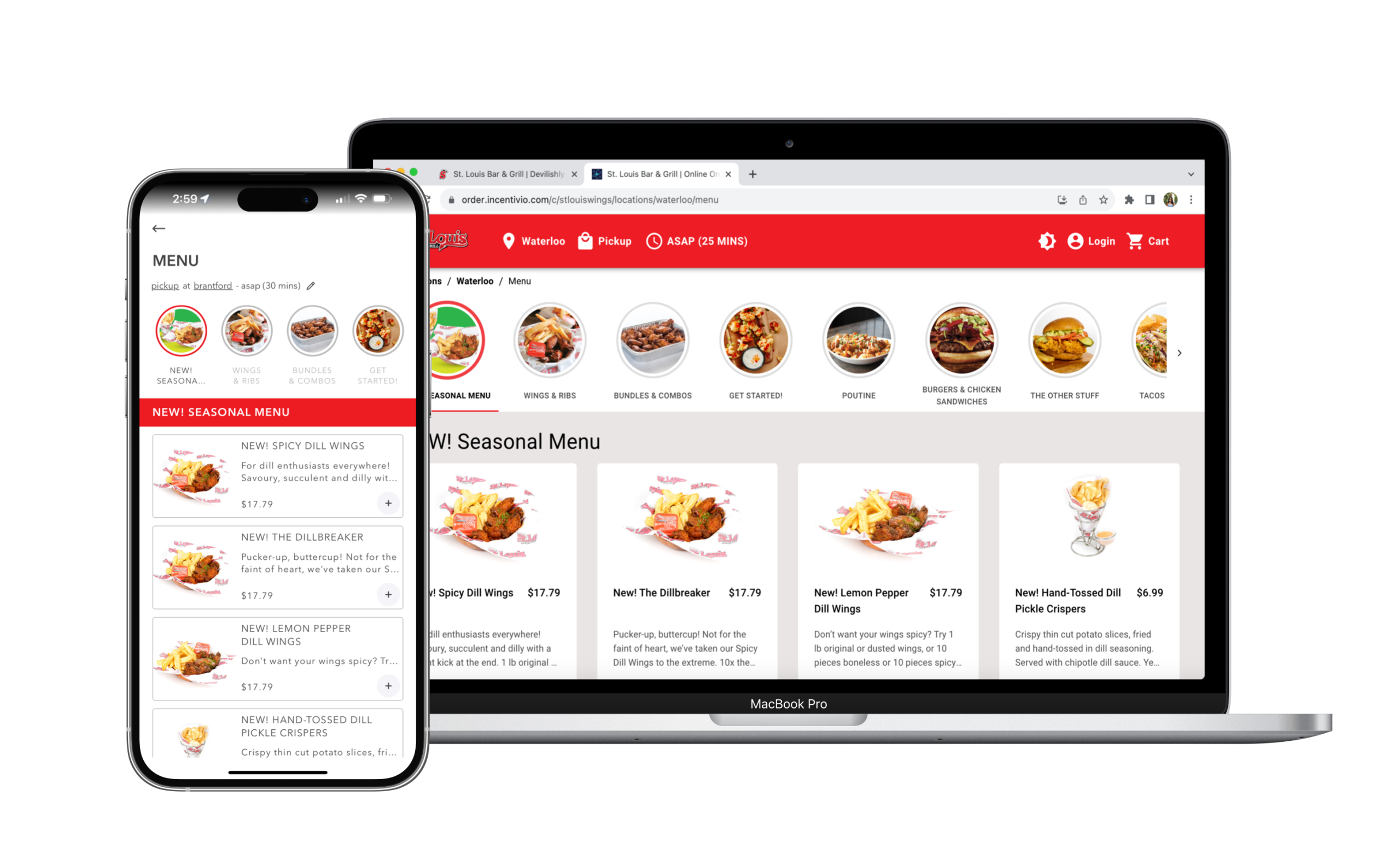An image showing Canadian-based restaurant chain, St. Louis Bar & Grill's, online ordering platform and restaurant app powered by Incentivio.