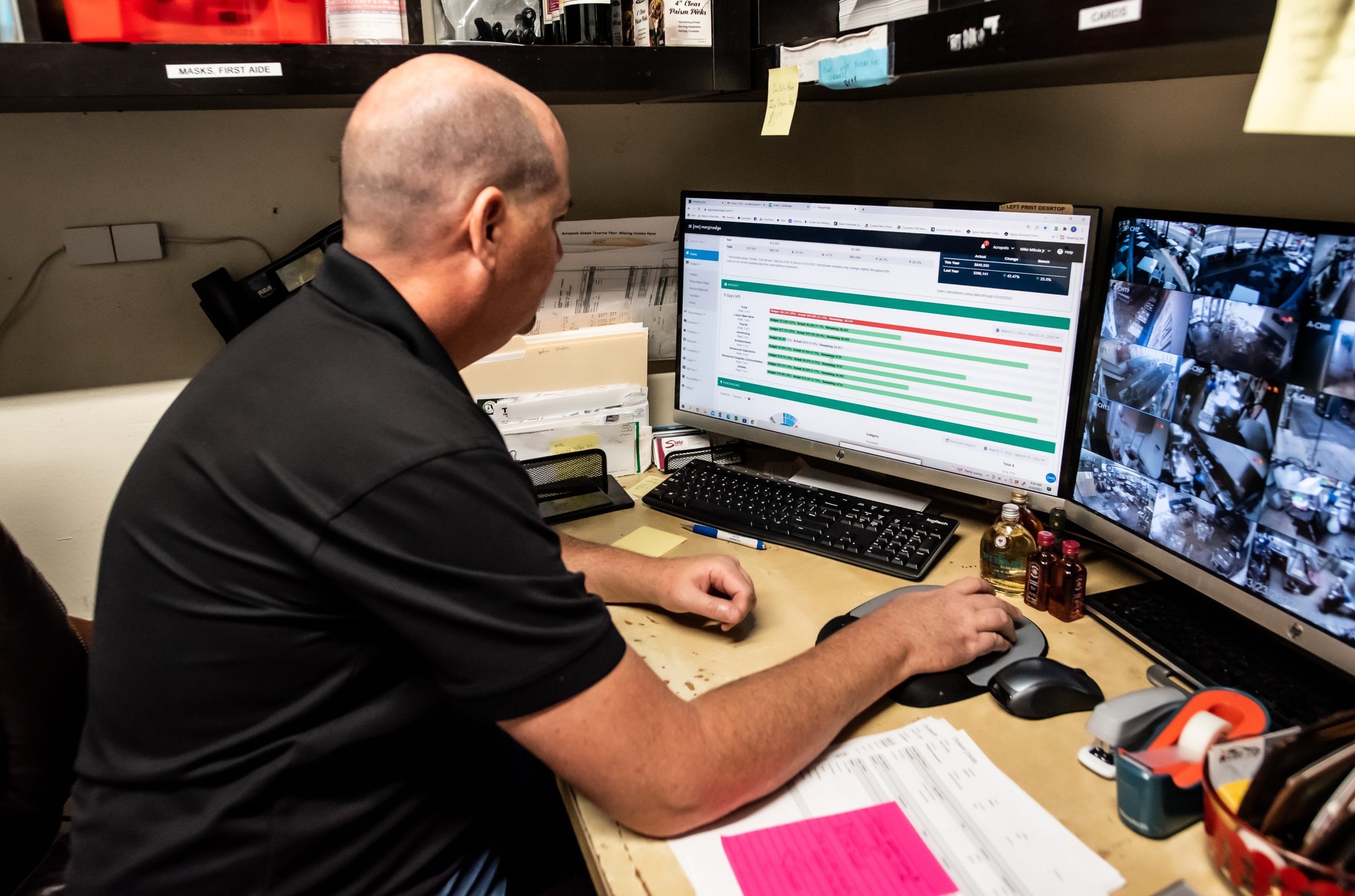 A restaurant employee from Acropolis Greek Taverna in Tampa, FL reviewing restaurant data using a restaurant management system.