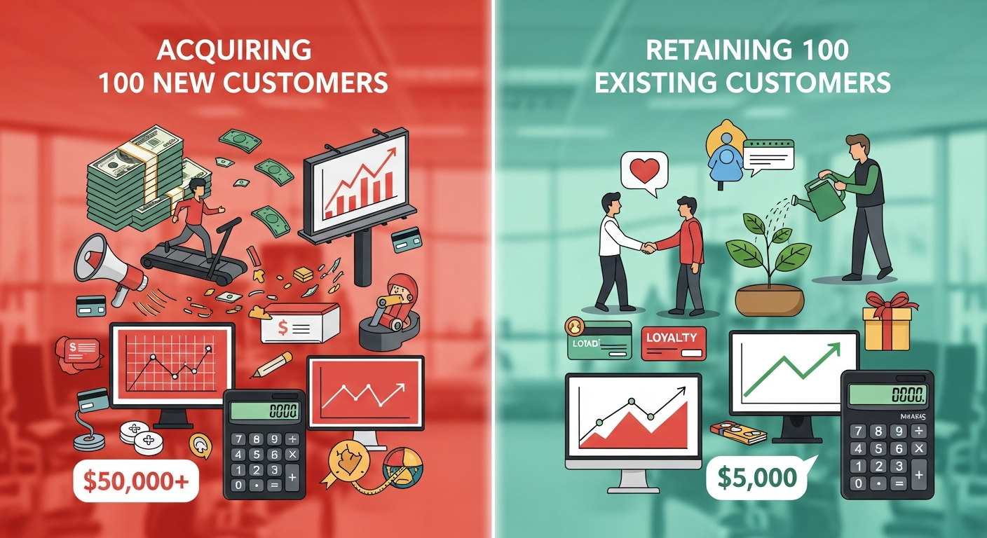 Split-screen comparison showing the cost of acquiring 100 new customers vs retaining 100 existing ones