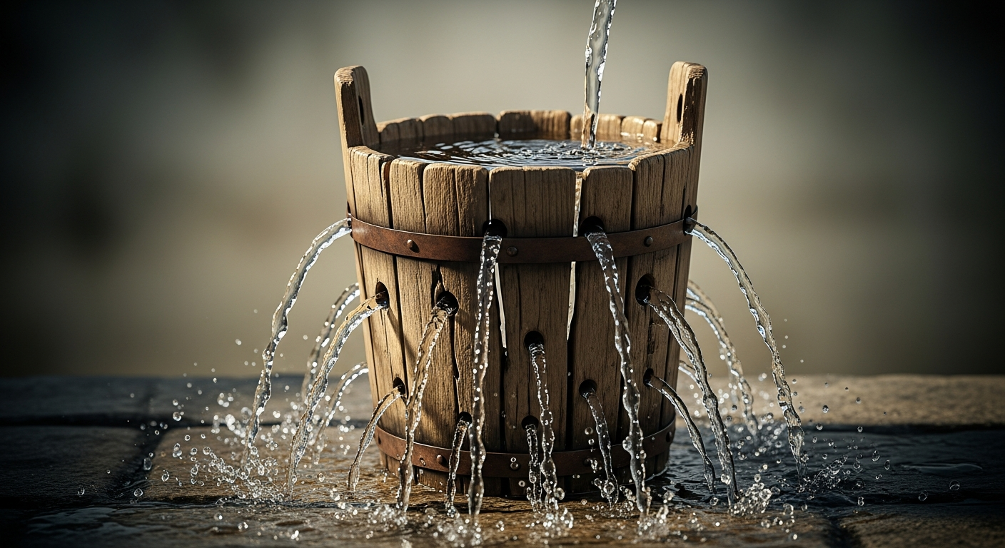 Visual metaphor of a leaky bucket representing customer base, with water (customers) flowing out faster than it's being poured in