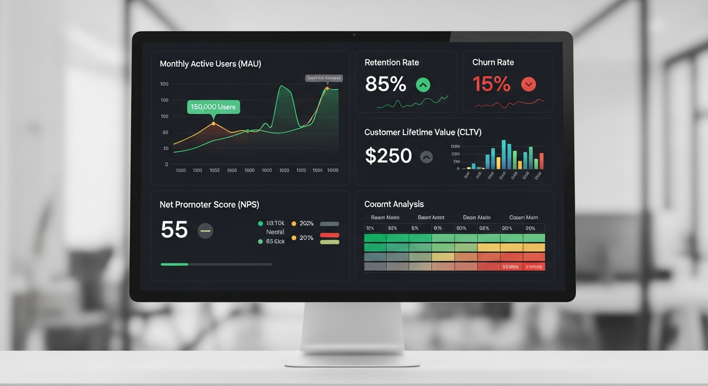 Dashboard mockup showing key retention metrics with color-coded performance indicators